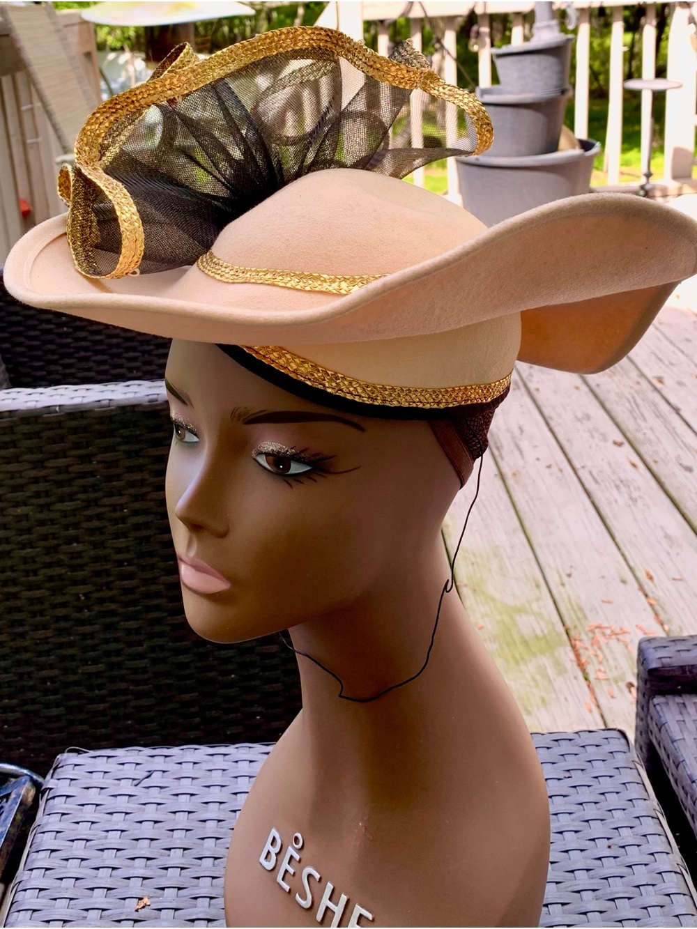 Beige Wide-Brim Dress Hat with Black & Gold Bow Accent - Picture 7 of 14